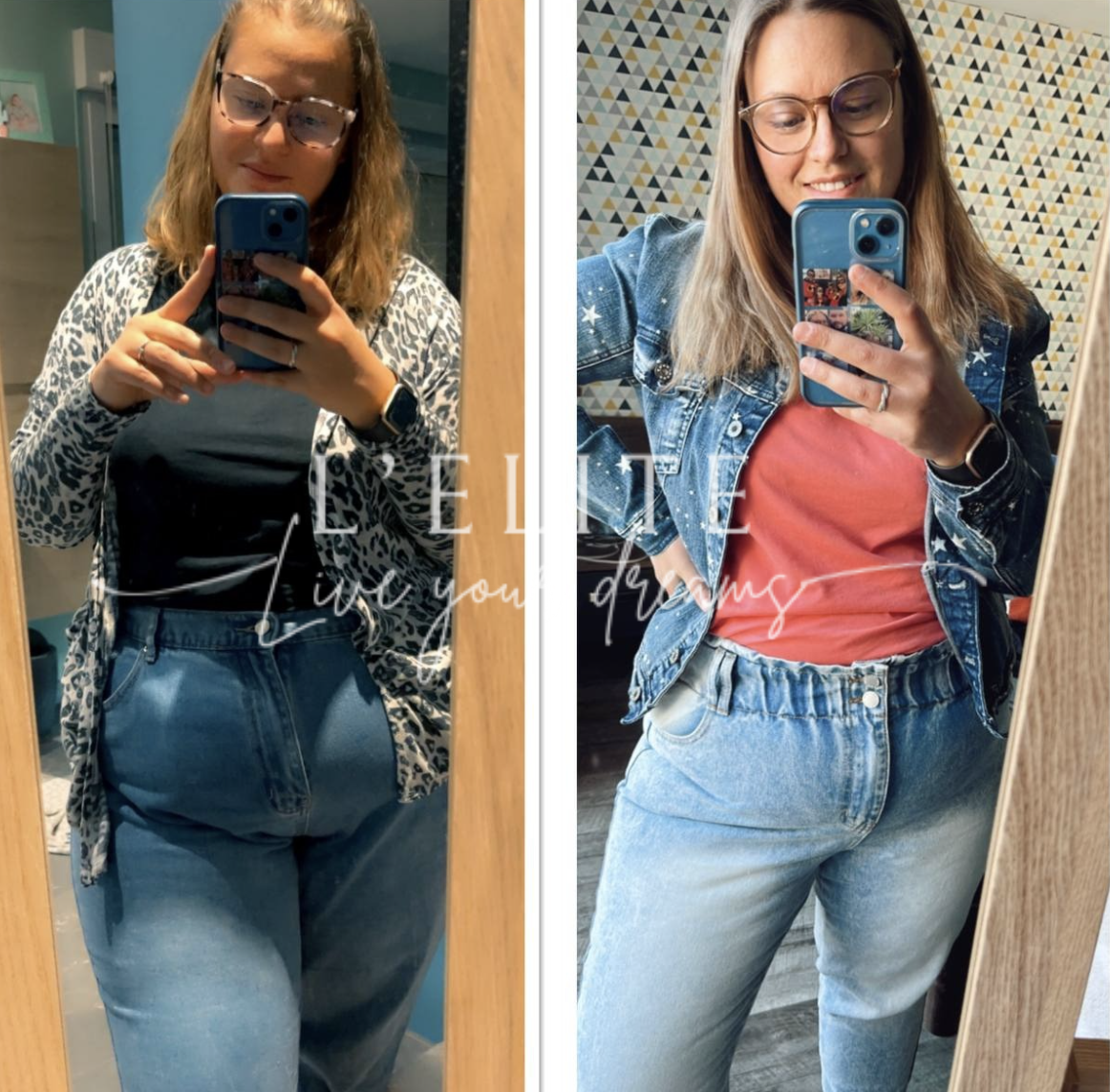 Photos avant et après de Victoria, en jean et veste